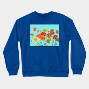 Poppy Watercolor Painting Orange Aqua Art Crewneck Sweatshirt